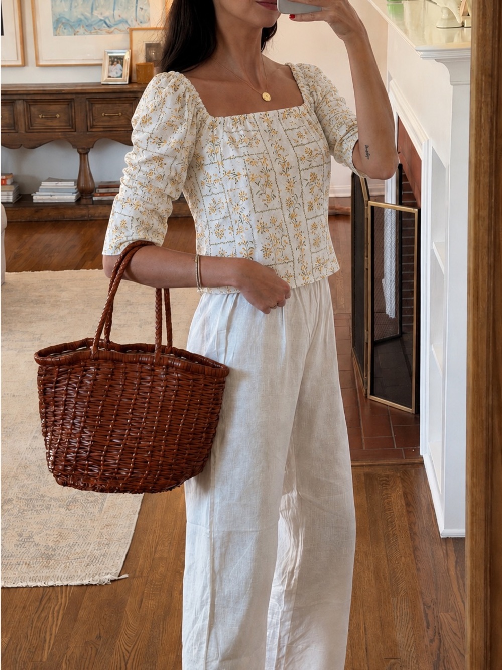 Joie Cream Floral 100% Linen Square Neck Puff Sleeve Cottagecore Top M